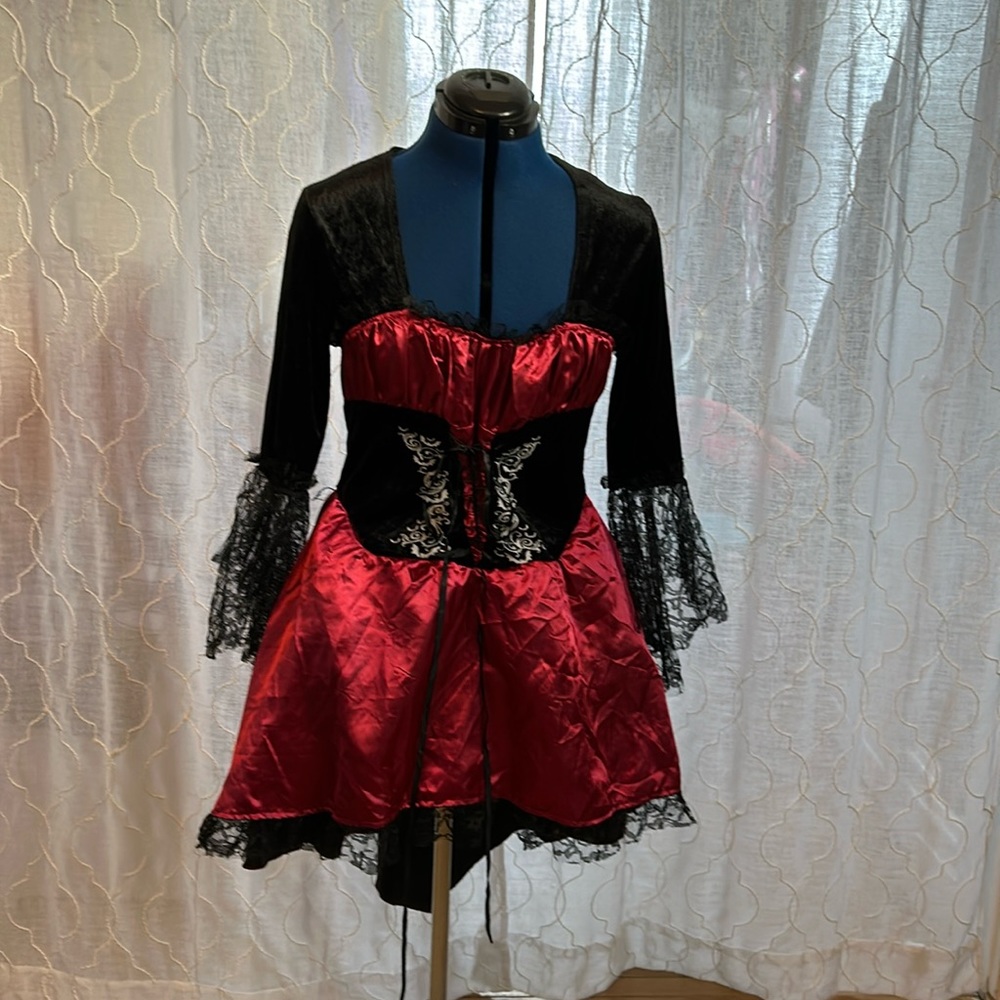 Pirate Wench Costume Halloweed Top Mini Dress Medium Red Black Corset